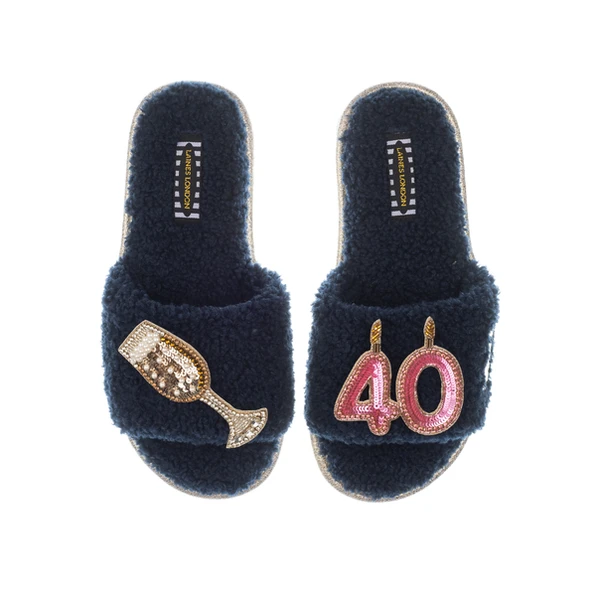 Laines London Teddy Toweling Slipper Sliders With 40TH Birthday & Glass Of Champagne Brooches