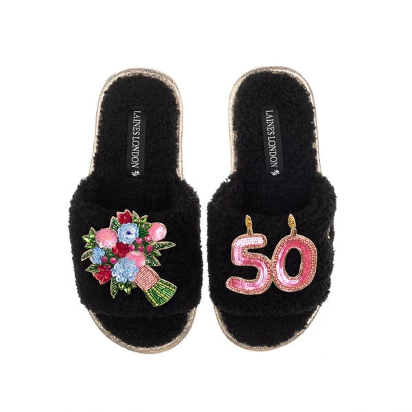 Laines London Teddy Toweling Slipper Sliders With 50TH Birthday & Flowers Brooches