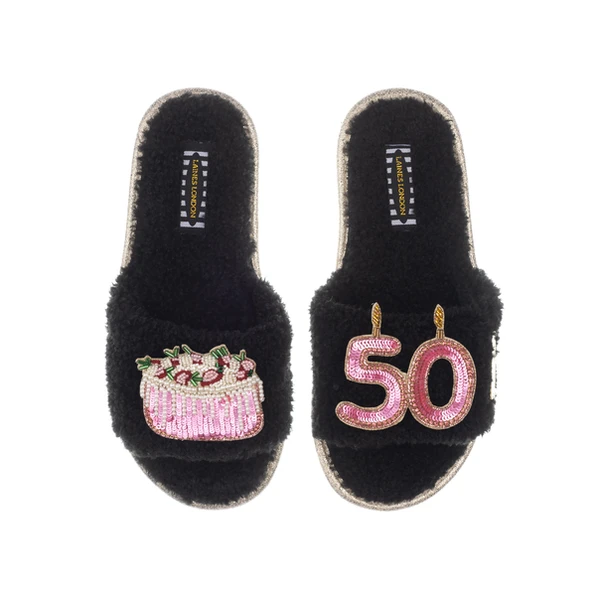 Laines London Teddy Toweling Slipper Sliders With 50TH Birthday & Cake Brooches