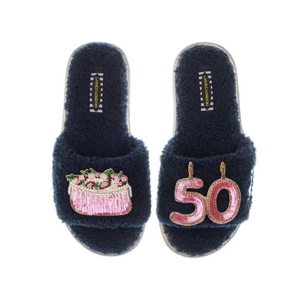 laines london Teddy Toweling Slipper Sliders With 50TH Birthday & Cake Brooches