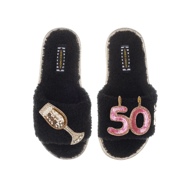 Laines London Teddy Toweling Slipper Sliders With 50TH Birthday & Glass Of Champagne Brooches