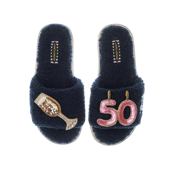 Laines London Teddy Toweling Slipper Sliders With 50TH Birthday & Glass Of Champagne Brooches