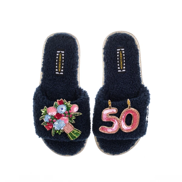 laines london Teddy Toweling Slipper Sliders With 50TH Birthday & Flowers Brooches