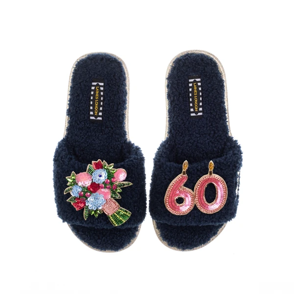 Laines London Teddy Toweling Slipper Sliders With 60TH Birthday & Flowers Brooches