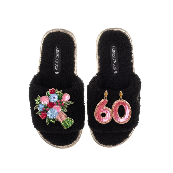 Laines London Teddy Toweling Slipper Sliders With 60TH Birthday & Flowers Brooches