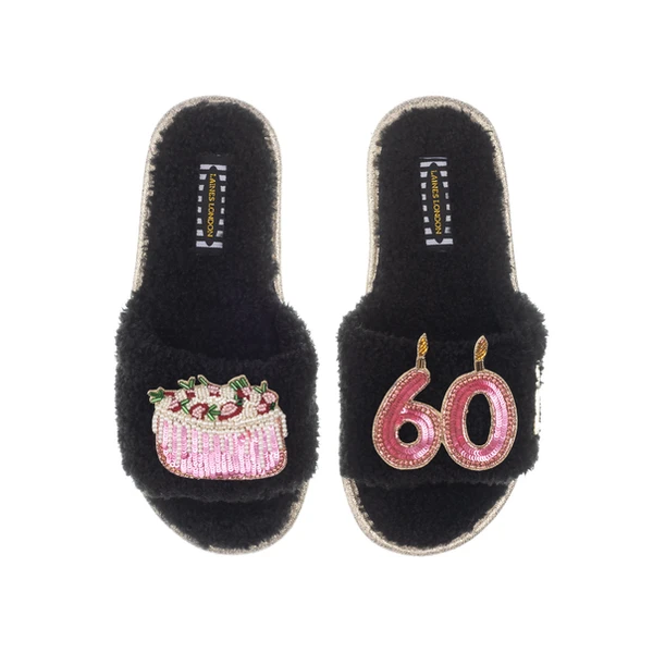 laines london Teddy Toweling Slipper Sliders With 60TH Birthday & Cake Brooches
