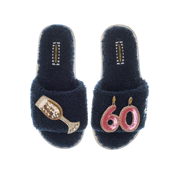 Laines London Teddy Toweling Slipper Sliders With 60TH Birthday & Glass Of Champagne Brooches