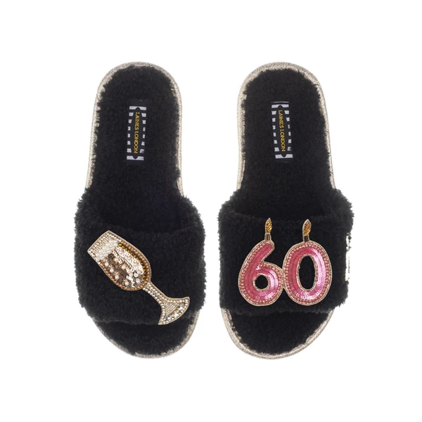 Laines London Teddy Toweling Slipper Sliders With 60TH Birthday & Glass Of Champagne Brooches