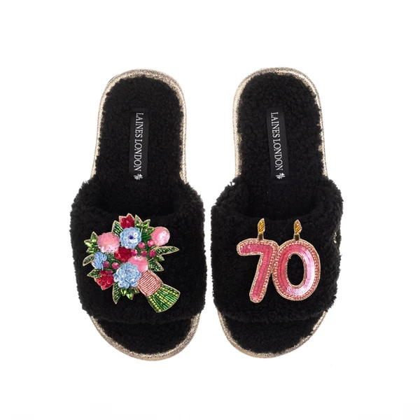Laines London Teddy Toweling Slipper Sliders With 70TH Birthday & Flowers Brooches