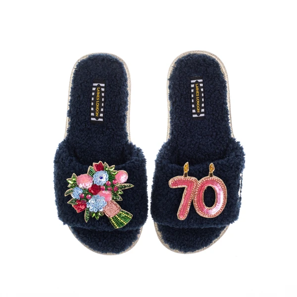 Laines London Teddy Toweling Slipper Sliders With 70TH Birthday & Flowers Brooches