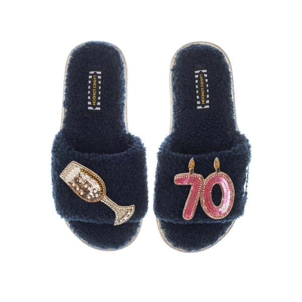 Laines London Teddy Toweling Slipper Sliders With 70TH Birthday & Glass Of Champagne Brooches