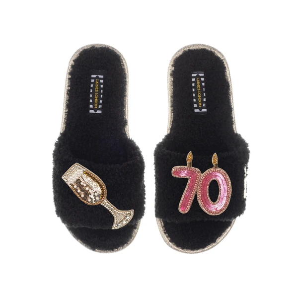 Laines London Teddy Toweling Slipper Sliders With 70TH Birthday & Glass Of Champagne Brooches