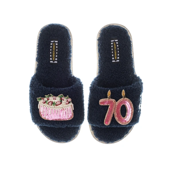 Laines London Teddy Toweling Slipper Sliders With 70TH Birthday & Cake Brooches