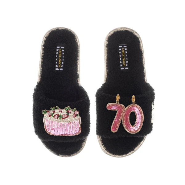 Laines London Teddy Toweling Slipper Sliders With 70TH Birthday & Cake Brooches