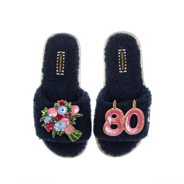 Laines London Teddy Toweling Slipper Sliders With 80TH Birthday & Flowers Brooches