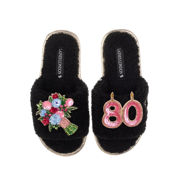 Laines London Teddy Toweling Slipper Sliders With 80TH Birthday & Flowers Brooches