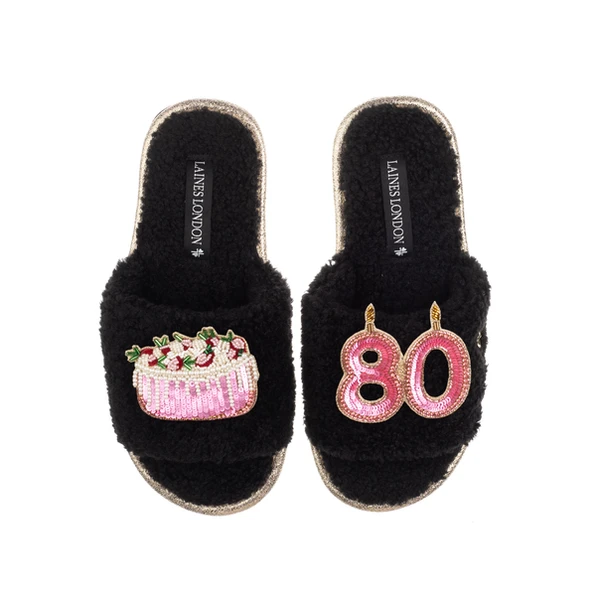 Laines London Teddy Toweling Slipper Sliders With 80TH Birthday & Cake Brooches