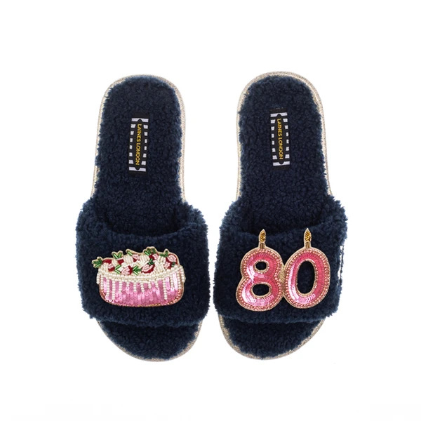 laines london Teddy Toweling Slipper Sliders With 80TH Birthday & Cake Brooches