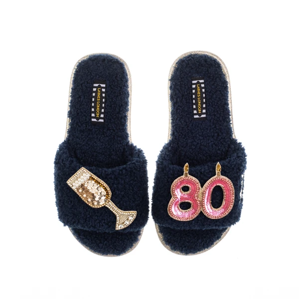 Laines London Teddy Toweling Slipper Sliders With 80TH Birthday & Glass Of Champagne Brooches