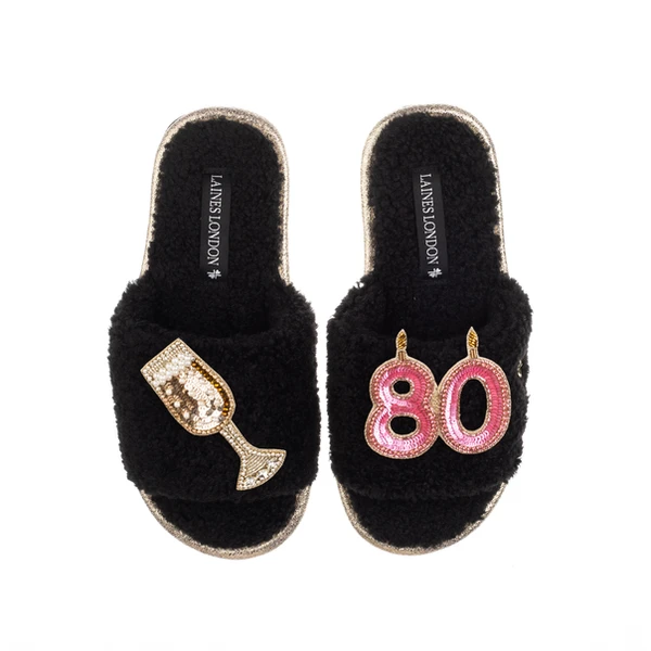 laines london Teddy Toweling Slipper Sliders With 80TH Birthday & Glass Of Champagne Brooches