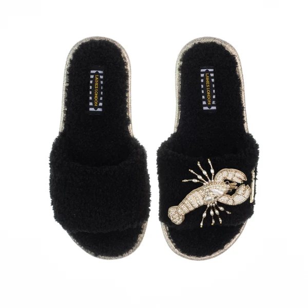 Laines London Teddy Toweling Slipper Sliders With Beaded Lobster Brooch