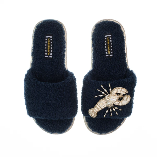 Laines London Teddy Toweling Slipper Sliders With Beaded Lobster Brooch