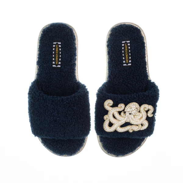 Laines London Teddy Toweling Slipper Sliders With Beaded Octopus Brooch