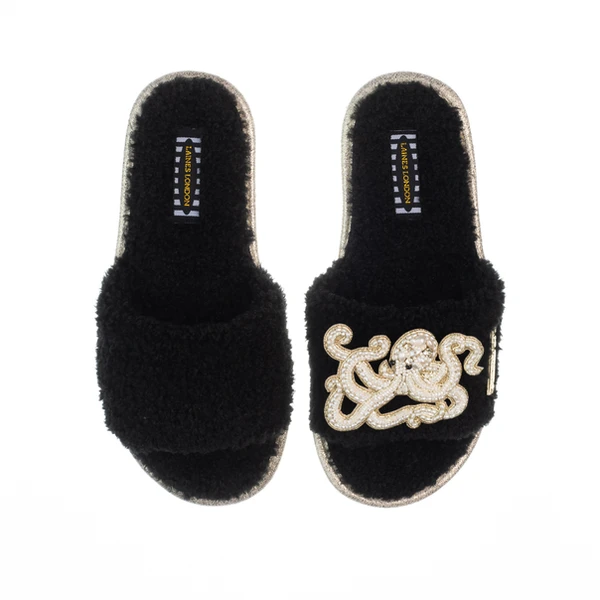 laines london Teddy Toweling Slipper Sliders With Beaded Octopus Brooch