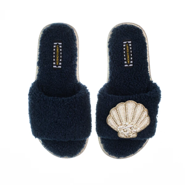 Laines London Teddy Toweling Slipper Sliders With Beaded Shell Brooch