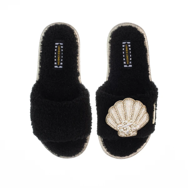 laines london Teddy Toweling Slipper Sliders With Beaded Shell Brooch