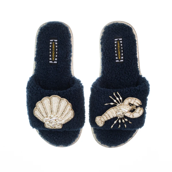 Laines London Teddy Toweling Slipper Sliders With Beaded Shell & Lobster Brooches