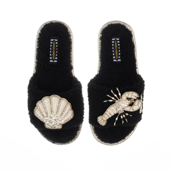 laines london Teddy Toweling Slipper Sliders With Beaded Shell & Lobster Brooches