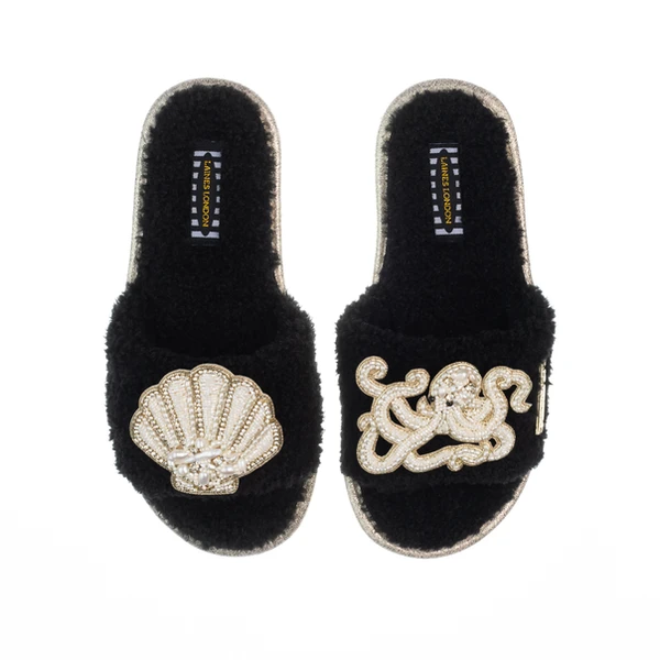 Laines London Teddy Toweling Slipper Sliders With Beaded Shell & Octopus Brooches