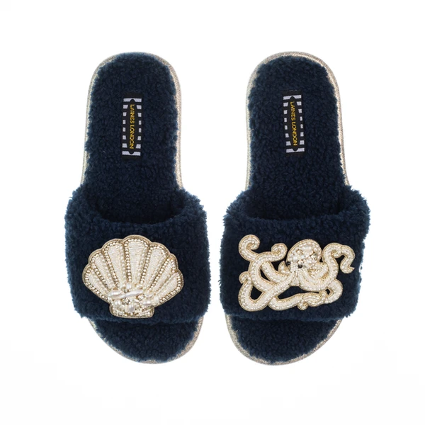 laines london Teddy Toweling Slipper Sliders With Beaded Shell & Octopus Brooches