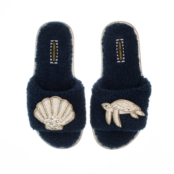Laines London Teddy Toweling Slipper Sliders With Beaded Shell & Turtle Brooches