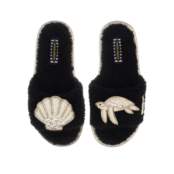 Laines London Teddy Toweling Slipper Sliders With Beaded Shell & Turtle Brooches