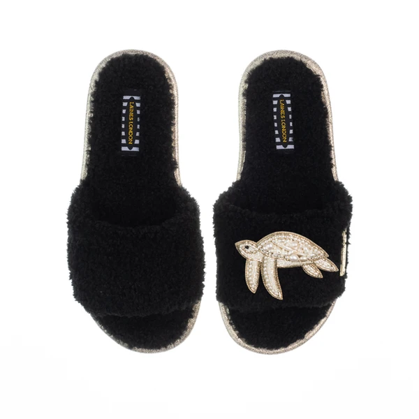 Laines London Teddy Toweling Slipper Sliders With Beaded Turtle Brooch