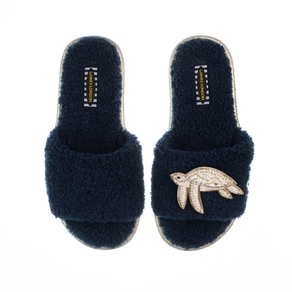 Laines London Teddy Toweling Slipper Sliders With Beaded Turtle Brooch