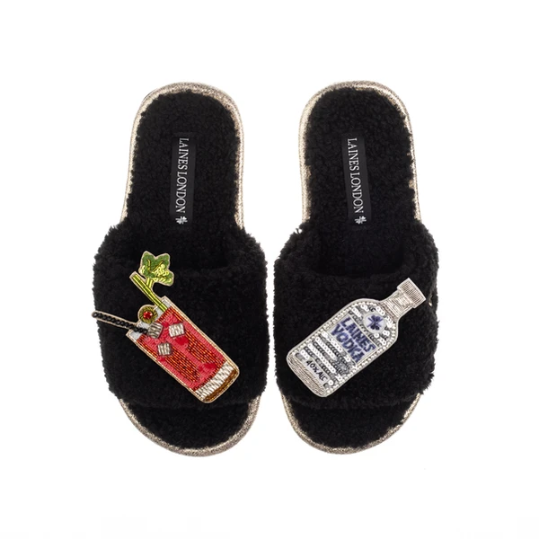 Laines London Teddy Toweling Slipper Sliders With Bloody Mary Brooches