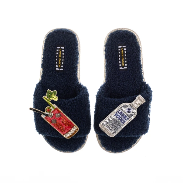 laines london Teddy Toweling Slipper Sliders With Bloody Mary Brooches