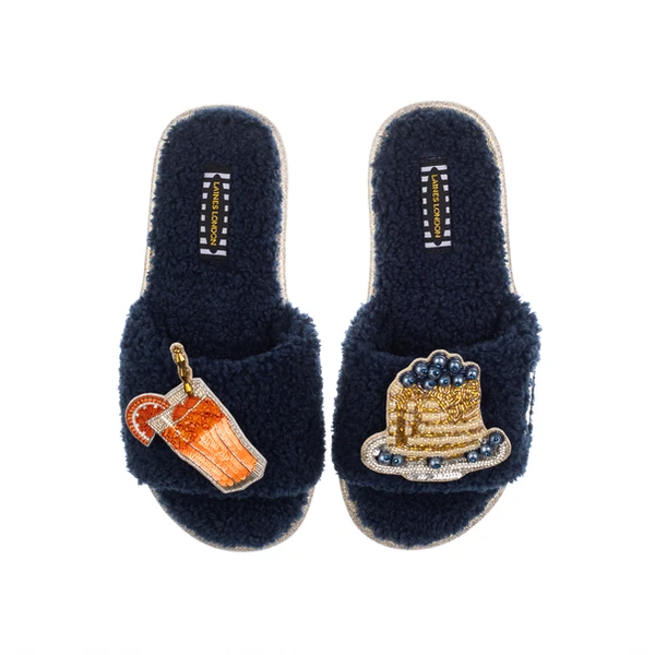 Laines London Teddy Toweling Slipper Sliders With Blueberry Pancake Stack & OJ Brooches