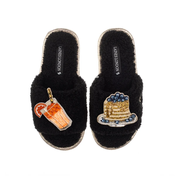 laines london Teddy Toweling Slipper Sliders With Blueberry Pancake Stack & OJ Brooches