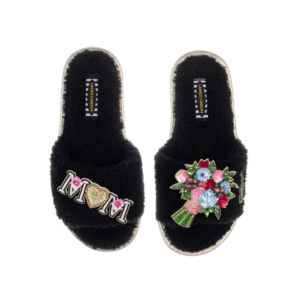 Laines London Teddy Toweling Slipper Sliders With Bouquet & Mum / Mom Brooches