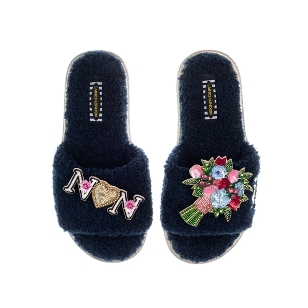 Laines London Teddy Toweling Slipper Sliders With Bouquet & Nan Brooches