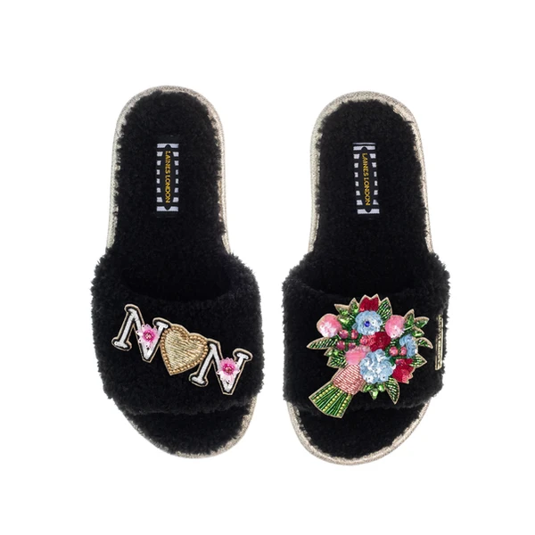 laines london Teddy Toweling Slipper Sliders With Bouquet & Nan Brooches