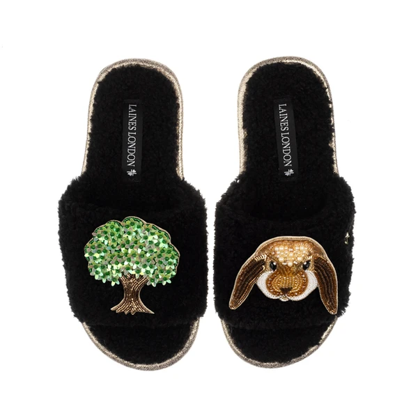 Laines London Teddy Toweling Slipper Sliders With Bunny & Oak Tree Brooches