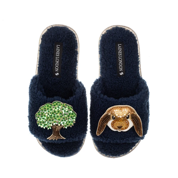 Laines London Teddy Toweling Slipper Sliders With Bunny & Oak Tree Brooches