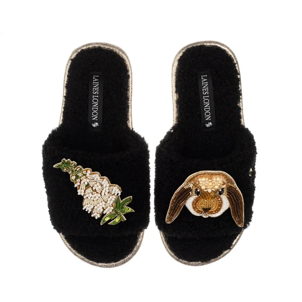 Laines London Teddy Toweling Slipper Sliders With Bunny & White Foxglove Flower Brooches