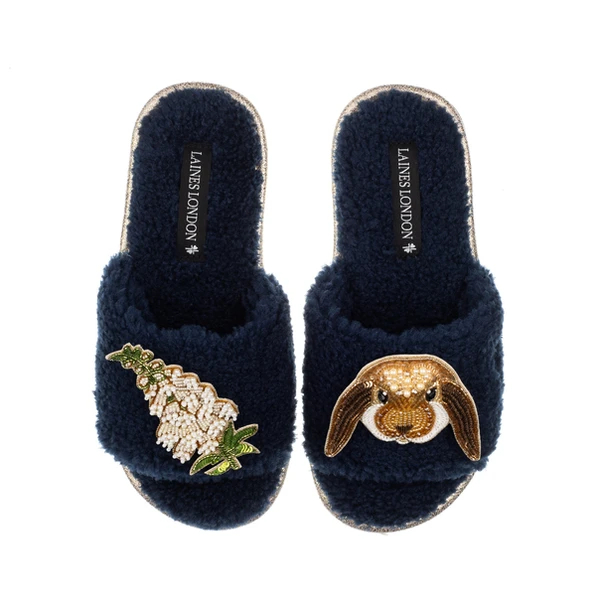 laines london Teddy Toweling Slipper Sliders With Bunny & White Foxglove Flower Brooches