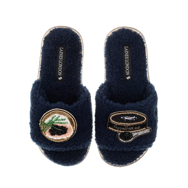 Laines London Teddy Toweling Slipper Sliders With Caviar & Blini Brooches